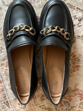 Sam Edelman Black Leather Loafers with Gold Chain